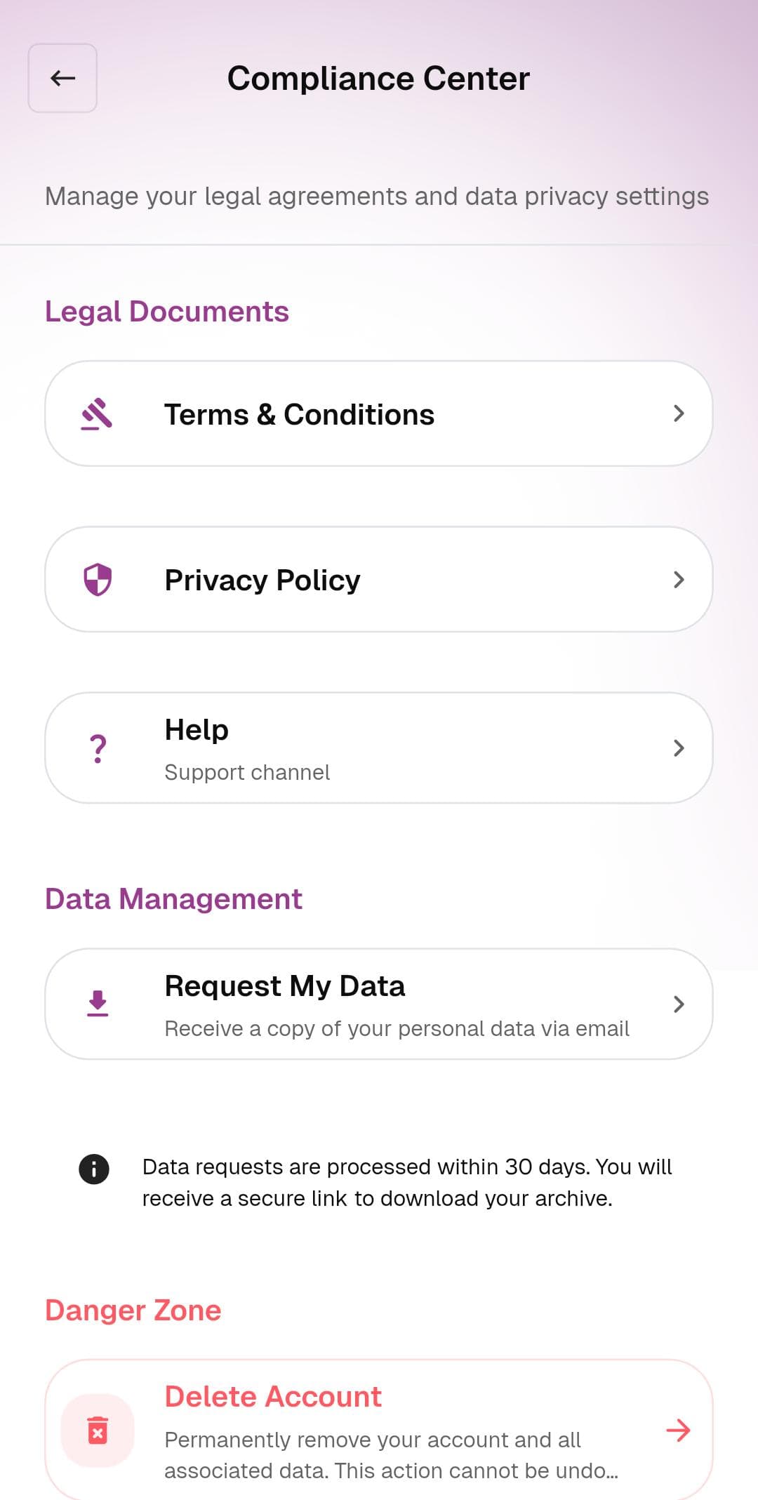 Compliance Center screen