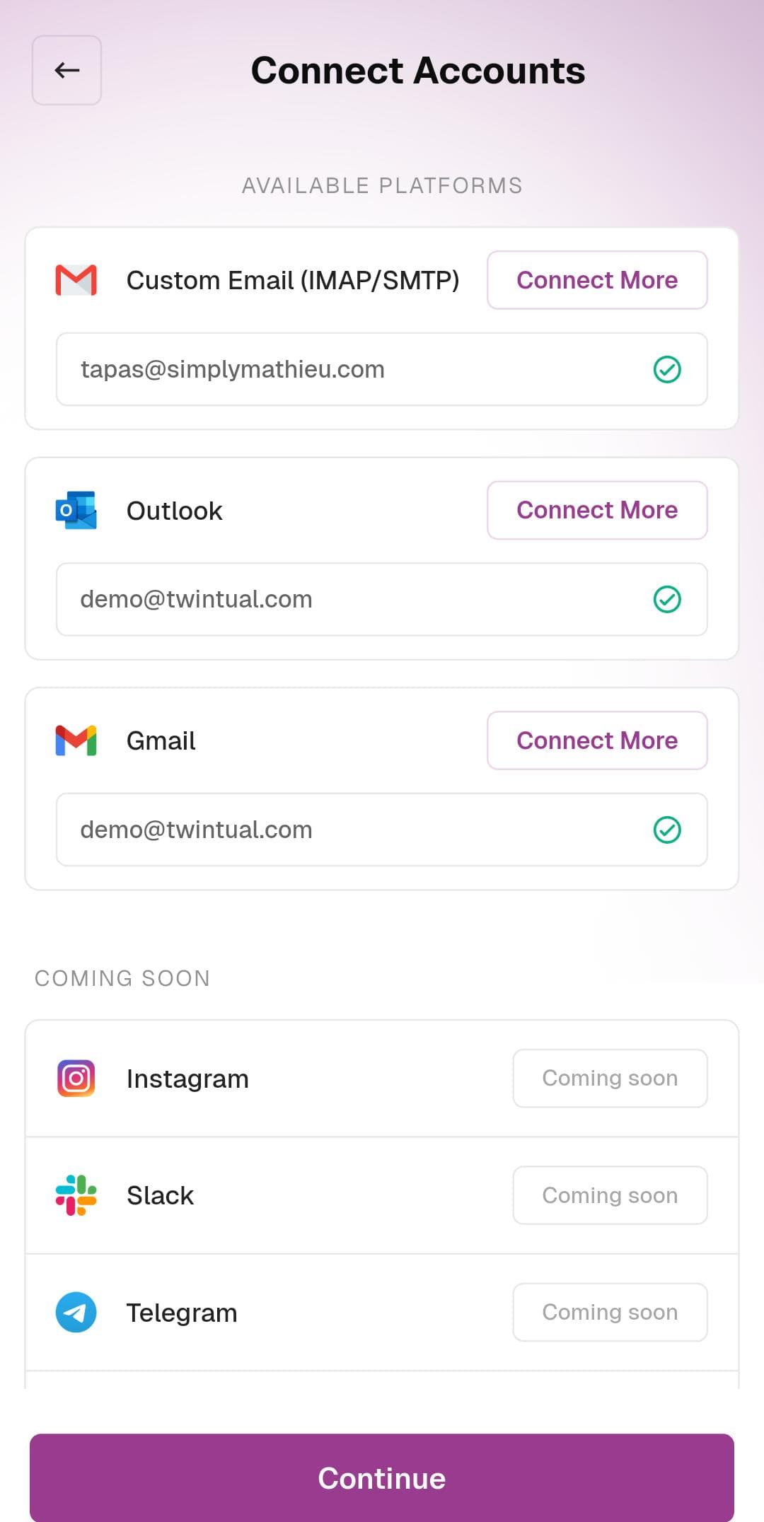 Custom Email, Outlook, and Gmail all connected on Connect Accounts screen