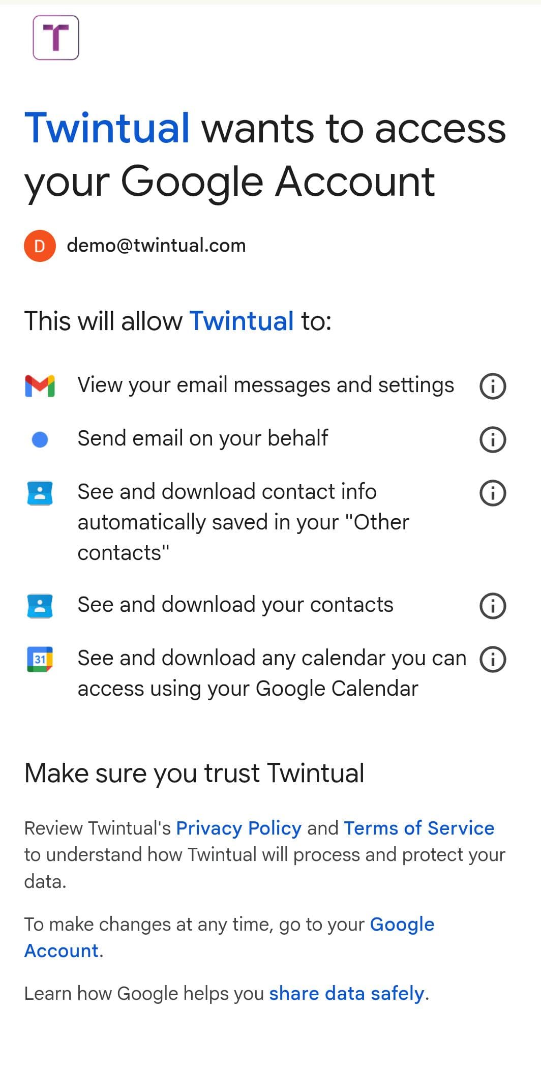Google consent screen showing the permissions Twintual is requesting
