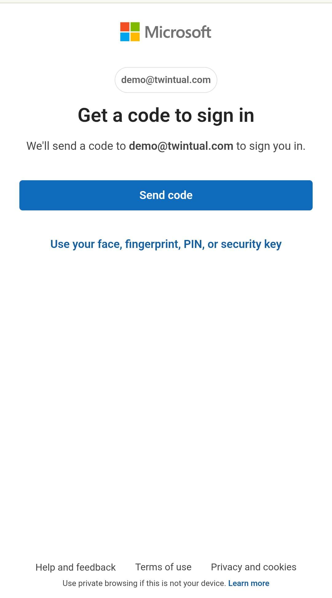 Microsoft Get a code to sign in screen