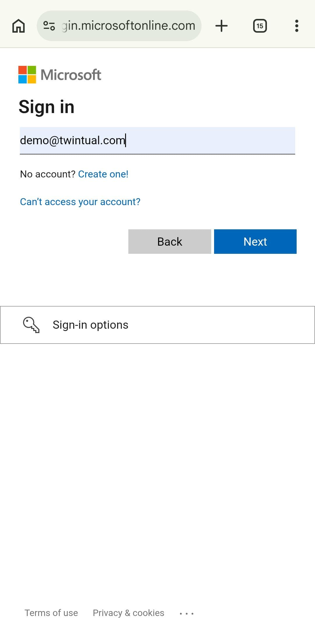 Microsoft sign-in screen