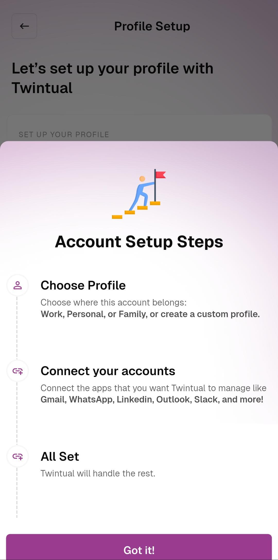 Profile Setup — Account Setup Steps overview