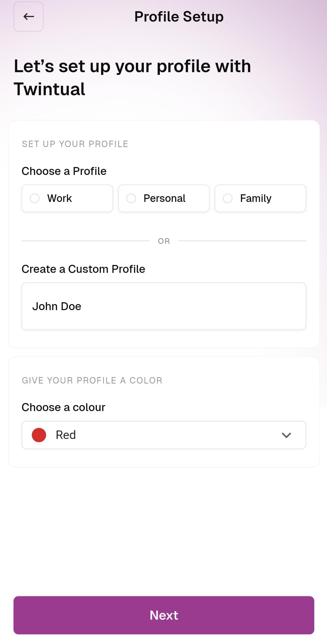 Profile Setup — Choose profile and color