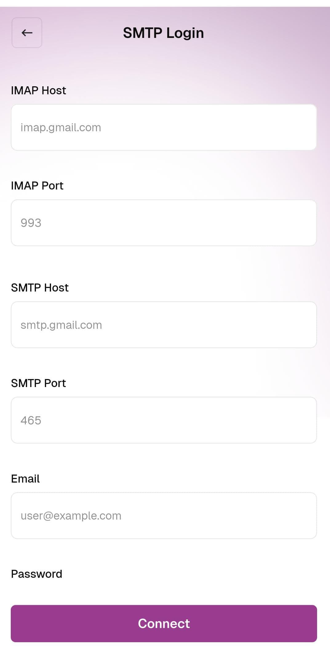 SMTP Login form with IMAP and SMTP host, port, email, and password fields