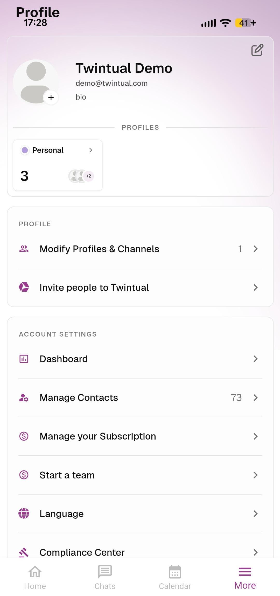 Twintual Profile screen with all settings options